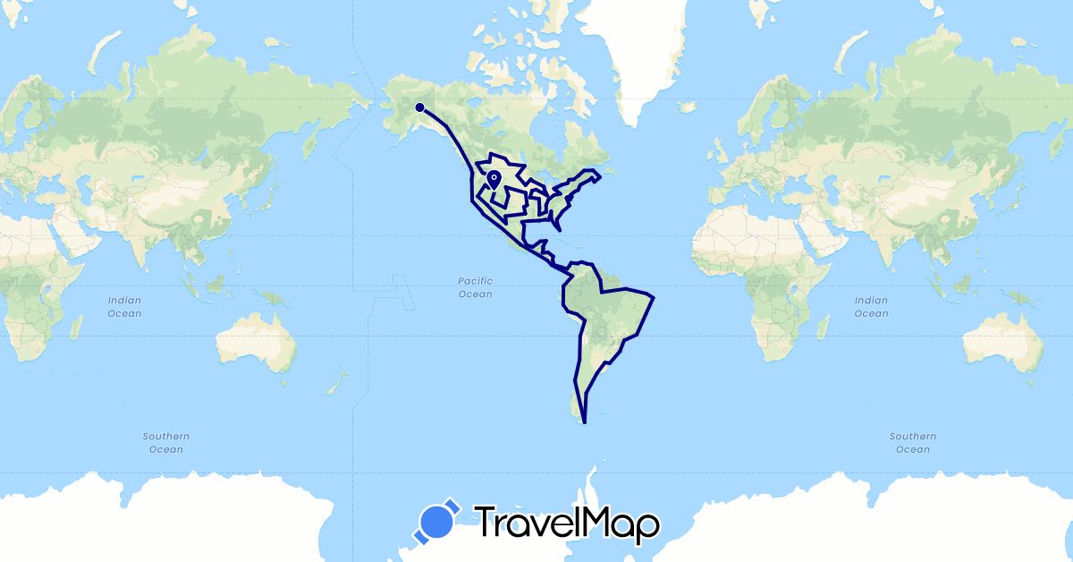 TravelMap itinerary: driving in Argentina, Bolivia, Brazil, Belize, Canada, Chile, Colombia, Costa Rica, Ecuador, Guatemala, Honduras, Mexico, Nicaragua, Panama, Peru, United States, Uruguay, Venezuela (North America, South America)